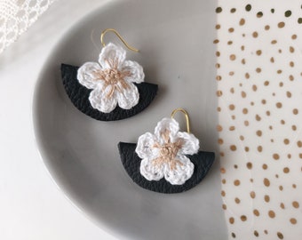 Leather Black Earrings with white crocheted and embroidered flower, Great Morhet's Day Gift Idea / handmade by Katarzyna Bodera Sandycraft