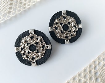 Leather earrings Black and Silver with embroidered points, silver elements, Modern Stud Earrings /handmade by Katarzyna Bodera Sandycraft