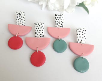 Polka Dots Stud Polymer Clay Earrings, Pink or Green Accent, Statement Spot Earrings, Modern Style/ Sandycraft