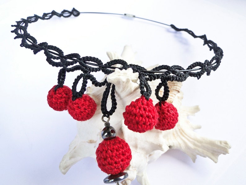 Unique Gift for her Crochet Red Ball Necklace Unique Black Tatting Necklace Ball Drop Necklace Mother/'s Day gift Sandycraft