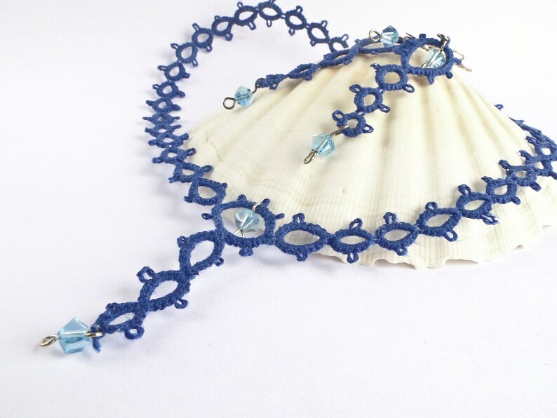 Jewellery Set Mother/'s Day gift Sandycraft Blue Tatting Earrings Svarowski Necklace Blue Tatting Jewellery Set: Blue Tatting Necklace