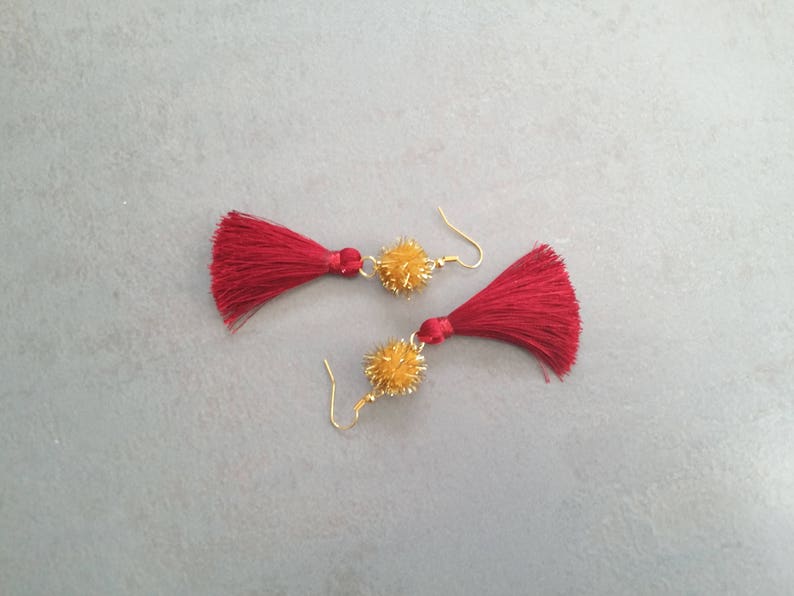 Red Tassel Earrings Pom pom Tassel Earrings Tassel Earrings Pom pom Fringe Earrings Sandycraft Pom pom Earrings Red Tassel Earringsl
