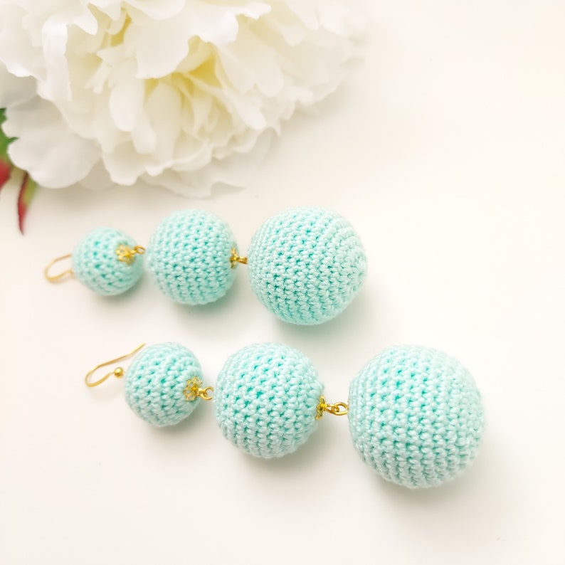 Ball drop earrings Mint Earrings Dangle Earrings with three crochet balls Dangle Mint Earrings Sandycraft les bonbons earrings