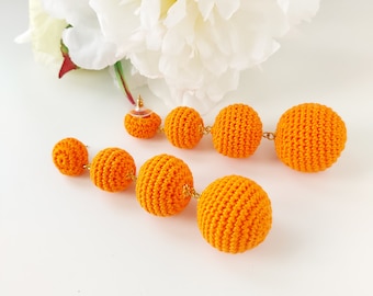 Four Ball Drop Earrings, Crochet Dangle Earrings, Lightweight Statement Jewelry