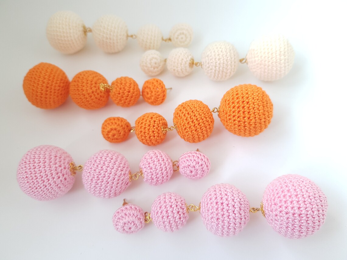 Ball Drop Earrings Long Dangle Earrings With Four Crochet Etsy