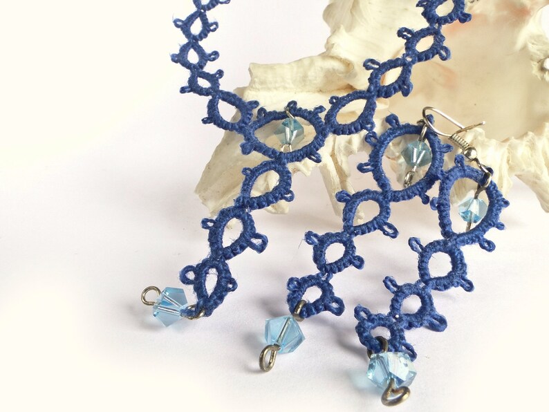 Jewellery Set Mother/'s Day gift Sandycraft Blue Tatting Earrings Svarowski Necklace Blue Tatting Jewellery Set: Blue Tatting Necklace