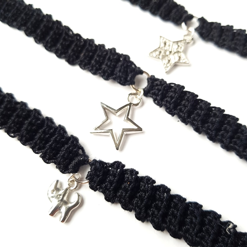 Valentine/'s gift Sandycraftuk Charms Choker Choker with charms Black Choker Black Choker with adjustable length Crochet Choker