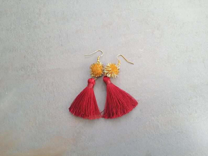 Red Tassel Earrings Pom pom Tassel Earrings Tassel Earrings Pom pom Fringe Earrings Sandycraft Pom pom Earrings Red Tassel Earringsl