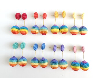 Handmade Rainbow Crochet Ball Drop Stud Earrings | Cotton Threads, Gold Plated Elements / Sandycraft