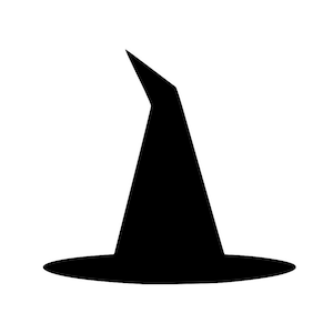 May include: A black witch's hat silhouette against a white background. The hat has a conical crown and a wide, flat brim. The tip of the hat is slightly bent.