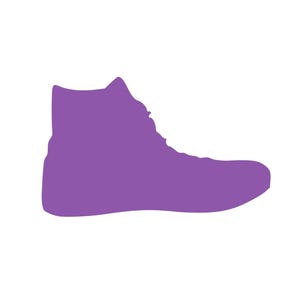 May include: A solid purple high-top sneaker silhouette. The shoe features a lace-up design and a rounded toe. The image is a simple, graphic representation of a classic athletic shoe, suitable for various activities.