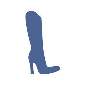 May include: A solid blue knee-high boot with a high heel. The boot's silhouette is a simple, elegant design, perfect for fashion-related listings. The heel is approximately 3 inches high.