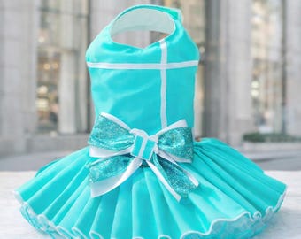 Gift Box Style Dog Dress, Teal Pet Dress with Bow, Aqua Cotton Crinoline Dress, Made to Order Birthday Dog Outfit, Handmade Small Dog