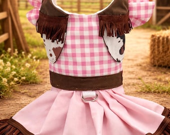 Cowgirl Dog Dress: Pink Gingham & Cow Print Western Outfit-Ready to Ship