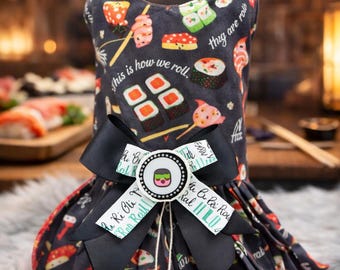 Way I Roll Pet Dress with D Ring – Ready to Ship Sushi Pet Outfit – Japanese Food Print Pet Dress – Handmade Dog Cat Dress – XS Size