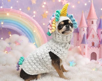 Crochet Unicorn Dog Costume, Handmade Small Dog Halloween Costume, Chihuahua Unicorn Outfit, Rainbow Pet Costume, Dog Sweater & Hat