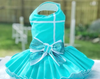 Aqua Cotton Pet Dress: Jewel Box Style with Crinoline & Removable Bow