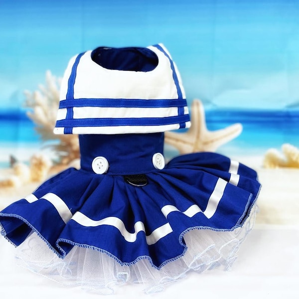 Handmade Nautical Sailor Dog Dress – Navy & White Striped Pet Outfit with Tulle Underlay, Artisan Crafted, Made in USA