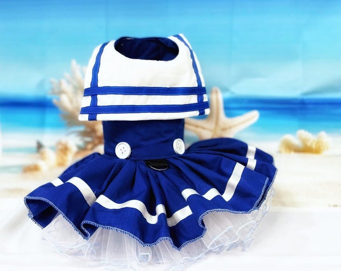 Nautical Sailor Dog Dress, Coastal Pet Outfit, Blue or Red Sailor Dog Dress, Made to Order Yacht Club Dog Apparel, Handmade Small Dog Dress