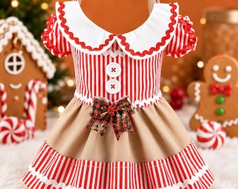 Gingerbread Dog Dress, Christmas Dog Costume with Peppermint Stripe Skirt, Girl Puppy Holiday Outfit, Candy Cane Pet Clothes, MTO