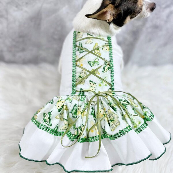 Dog Cat Pet Teacup Dress Harness Green Butterflies Corset  Fancy Pet Clothing Next Day Shipping