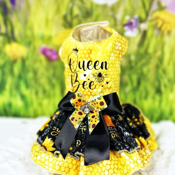 Dog Cat teacup Dress Harness "Queen Bee" or "Cute as can Bee" Fancy Pet Clothing Next Day Shipping
