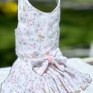 Cherry Blossom and Songbird Flannel Pet Dress with Removable Bow