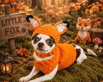 Crochet Fox Dog Costume, Handmade Small Dog Halloween Costume, Chihuahua Fox Outfit, Woodland Pet Costume, Dog Sweater & Hat