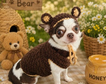 Crochet Teddy Bear Dog Costume, Handmade Small Dog Halloween Costume, Chihuahua Bear Outfit, Cute Pet Costume, Dog Sweater & Hat