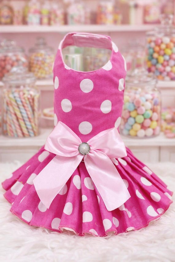 Pink Polka Dot Dog Dress, Retro Dollcore Pet Dress, Dog Dress With Bow, Made to Order Dog Dress, Handmade Pink Dog Clothes, Small Dog Outfit