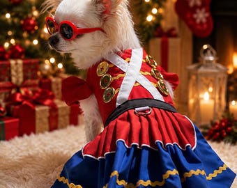 Toy Soldier Dog Dress Ready to Ship, Nutcracker Pet Costume for Girl Dogs, Christmas Dog Dress with Gold Buttons, In Stock Holiday Pet
