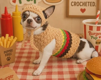 Handmade Crochet Burger Dog Costume, Small Dog Outfit, Hamburger Pet Costume