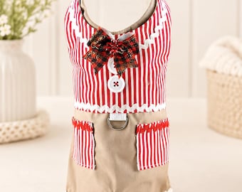 Christmas Dog Harness Vest Gingerbread Boy Costume, Peppermint Stripes, Plaid Bow, Holiday Puppy Outfit, Candy Cane Apparel, Ready to Ship