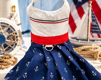 American Anchor Dog Dress, Patriotic Pet Dress, 4th of July Dog Outfit, Red White Blue Dog Dress, In Stock Holiday Dog Apparel Made to Order