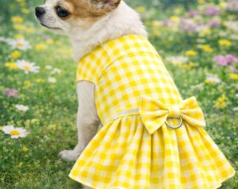 Yellow Gingham Dog Dress Harness, Ready to Ship Spring Pet Dress, Easter Dog Outfit with D Ring, Handmade Small Dog Dress, Garden Party Pup