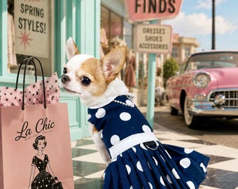 Pearl Polka Dot Dog Dress Ready to Ship, 1950s 1960s Vintage Pet Dress, Retro Glam Dog Outfit, In Stock Small Dog Dress, Handmade USA