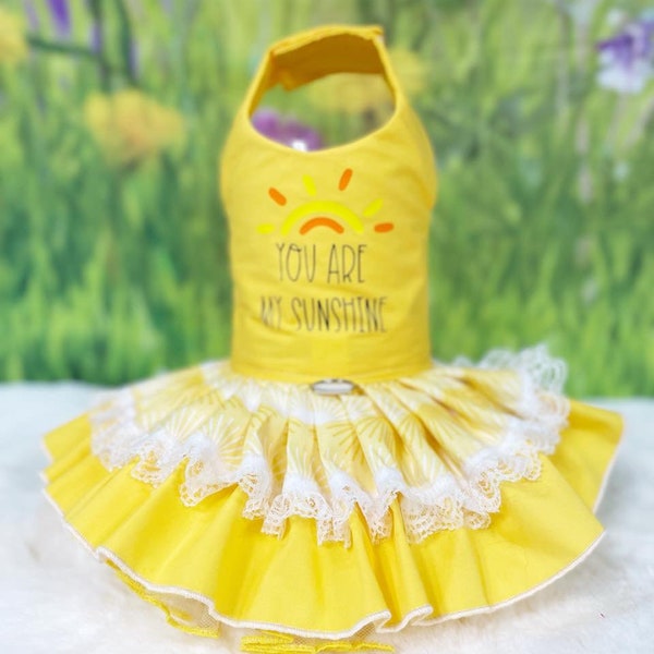 Bright Sunshine Yellow Dog Dress with Crinoline & D-Ring - 'You Are My Sunshine' Cheerful Pet Attire