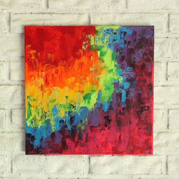 Original Abstract Rainbow Painting, Square Abstract Painting, Colorful Wall Art, Textured Wall Art, Rainbow Art, Living Room Art, 14x14 Art