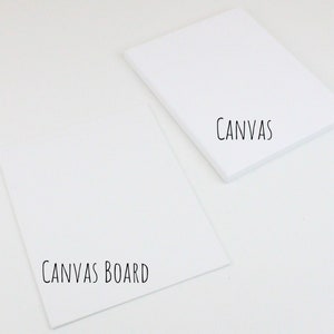 Puede incluir: Dos superficies rectangulares blancas, una etiquetada como "CANVAS BOARD" y la otra como "CANVAS".