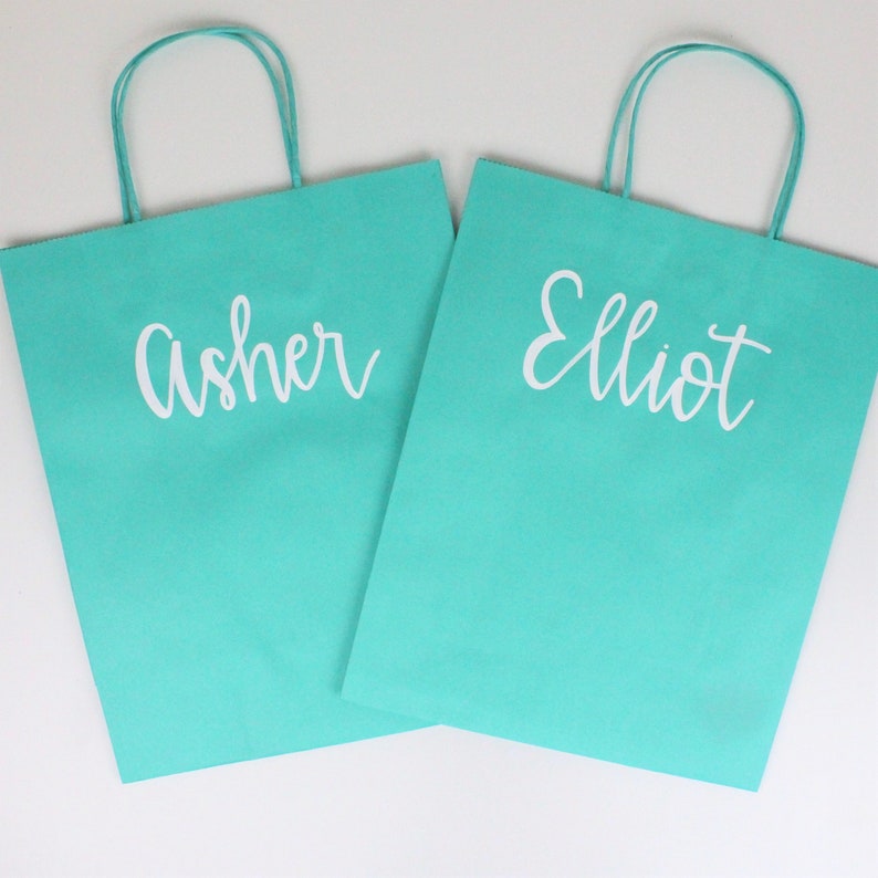 Pu&ograve; includere: Due sacchetti regalo di carta turchese con manici bianchi. Il sacchetto a sinistra ha il nome "Asher" scritto su di esso in corsivo bianco. Il sacchetto a destra ha il nome "Elliot" scritto su di esso in corsivo bianco.