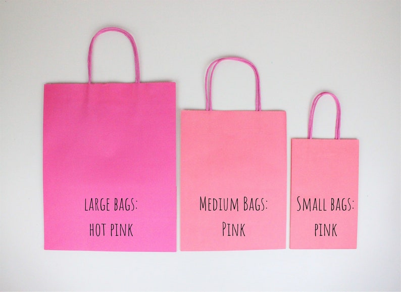 Pu&ograve; includere: Tre sacchetti regalo di carta rosa di diverse dimensioni. Il sacchetto pi&ugrave; grande &egrave; etichettato "SACCHETTI GRANDI: ROSA CALDO", il sacchetto medio &egrave; etichettato "SACCHETTI MEDI: ROSA", e il sacchetto pi&ugrave; piccolo &egrave; etichettato "SACCHETTI PICCOLI: ROSA".