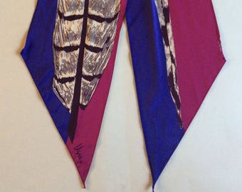 Vintage Beautiful Vera Neumann Scarf Feather Print on Purple and Blue Wingtips  1980s - FREE SHIPPING EVERYWHERE