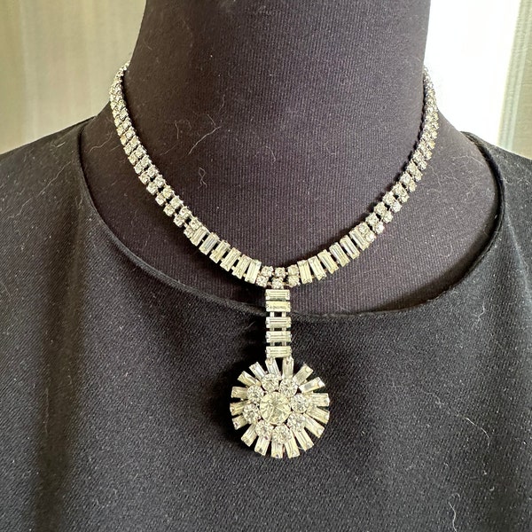 Rhinestone Chocker Necklace with a large 3D Pendant, Rhodium Plated Sterling Silver, Bridal Jewelry, Wedding Jewelry Jayflex Sterling