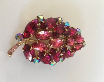 Vintage Light and Dark Fuchsia Rhinestone Leaf Brooch Possibly Sherman