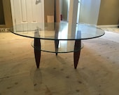 MCM Walnut Base 2 Tier Glass Top Modern Round Low Coffee Table Tapered Spindles in the style of Gio Ponti, Adrian Pearsall, Vladimir Kagan