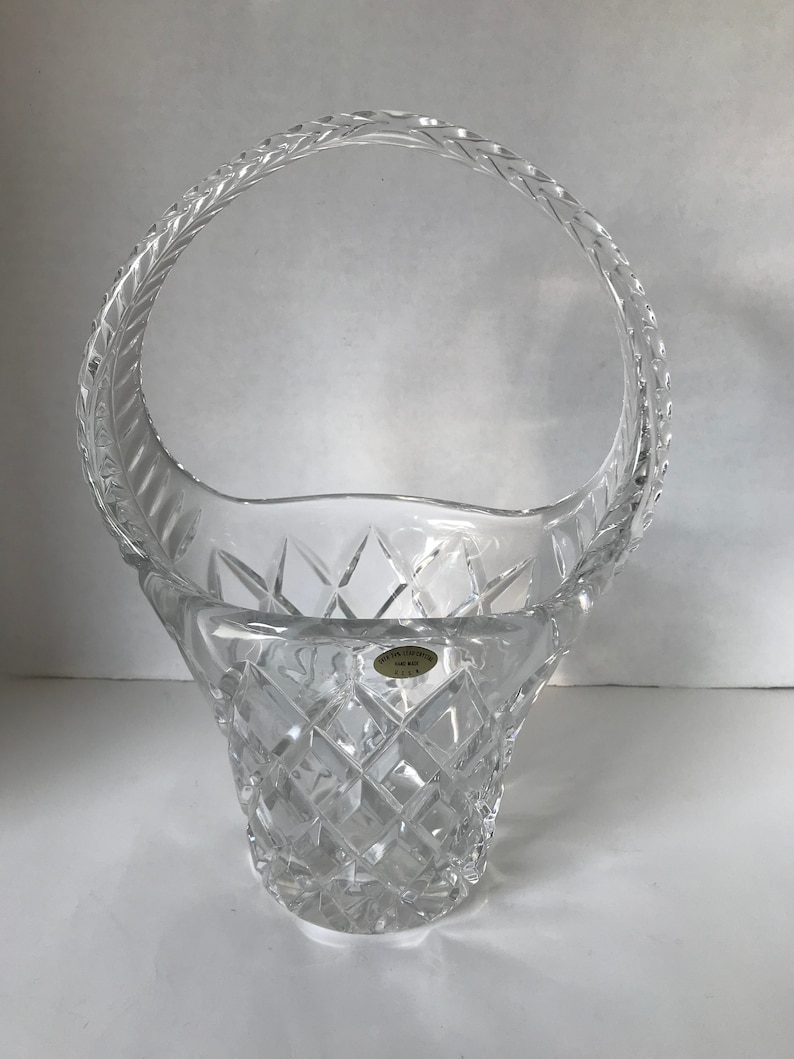 Vintage Crystal Diamond Cut Art Glass Basket Vase Centerpiece Etsy