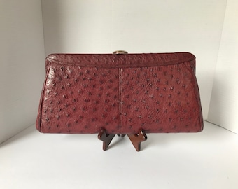 Classic Vintage Burgundy Color Ostrich Bird Embossed Leather Evening Handbag Purse Evening Clutch With Gold Tone Metal Hardware