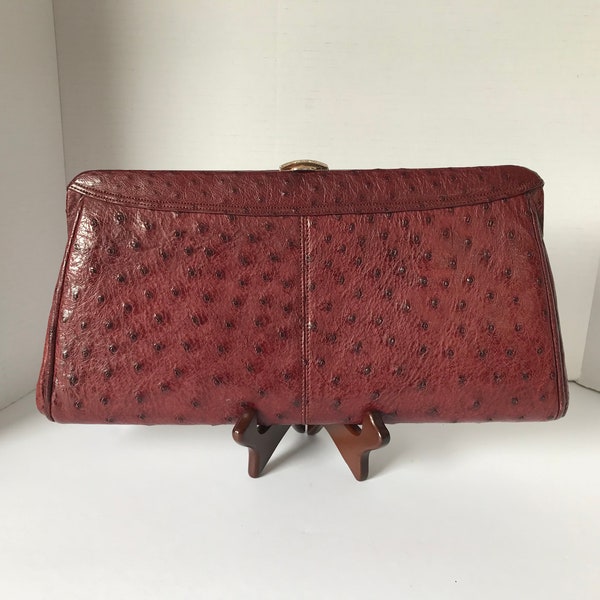 Classic Vintage Burgundy Color Ostrich Bird Embossed Leather Evening Handbag Purse Evening Clutch With Gold Tone Metal Hardware
