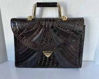 Vintage Genuine Leather Satchel Tote Handbag Dark Brown Bag with Gold Tone Hardware