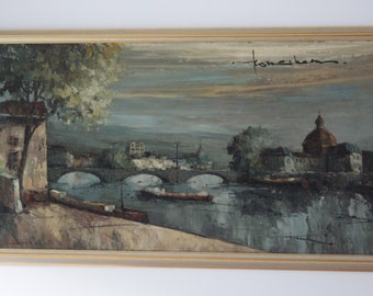 Peinture à l’huile vintage, Art paysager original, Peinture à l’huile encadrée, Peinture de vue sur le Tibre au Dôme Saint-Pierre Vatican Rome